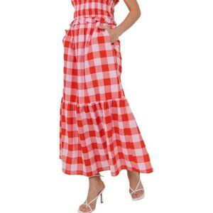 NWT English Factory Gingham Midi Skirt Womens Size S Pink Red Pockets Tiered